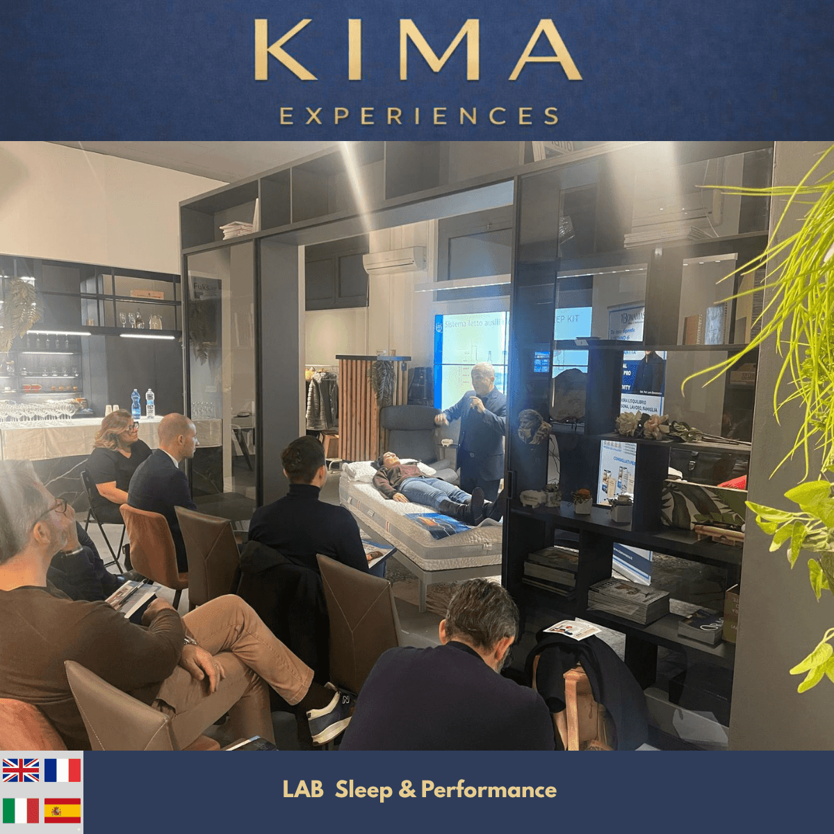 Sleep and performance lab in progress with seated guests and live facilitation